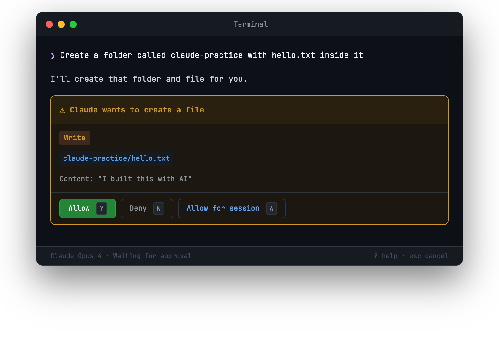 Claude Code permission prompt asking to create a file